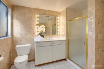 The lower level features a full bathroom with a separate bath and shower.