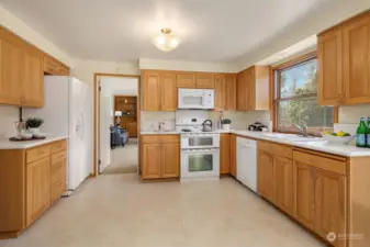 The kitchen features a double-oven and pantry closet (out of view to the left). The casual family room is seen in the distance.