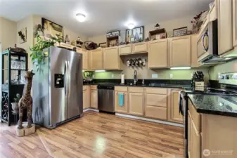 Beautiful granite countertops and stainless steel appliances.