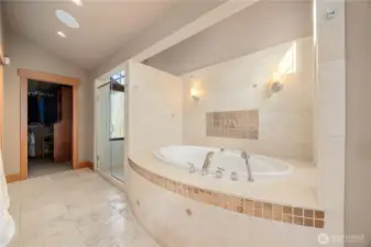 Primary Ensuite jetted tub and walk in shower.