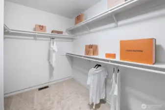 Walk-in closet with built-in shelving and storage.