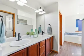 The massive en suite bath offers room to spread out and unwind.