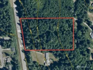 Overhead view with approximate boundaries in red and topography.