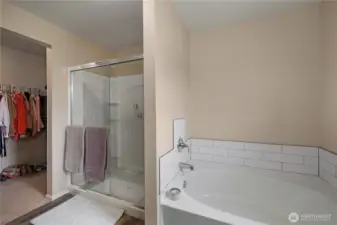Primary en-suite with double sinks and plenty of space. Note the large walk in closet directly off the en suite.