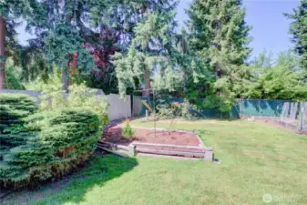 Expansive private back yard with mature trees and an abundance of blueberries!