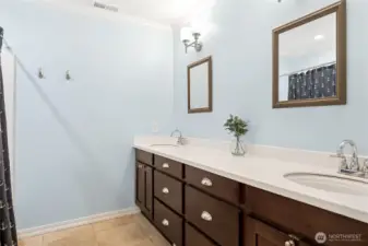 Downstairs bathroom with dual vanities