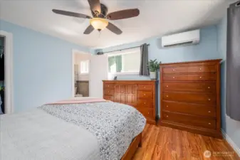Master bedroom has a private ensuite 3/4 bath, walk in closet and mini split for year round comfort. Two windows allow for lots of natural light and views of the backyard.