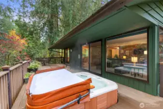 Relax in your bubbling hot tub and take in the private and serene views surrounded by nature.