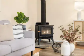 Warm ambiance from a free-standing fireplace.