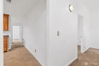 View from Back Door facing Kitchen/Front Bedroom and Back Bedroom to the Right