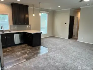 View of kitchen and dining area from the living room.