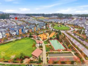 Aerial view of Ten Trails community highlighting parks, open green spaces, and thoughtfully designed neighborhood layout.