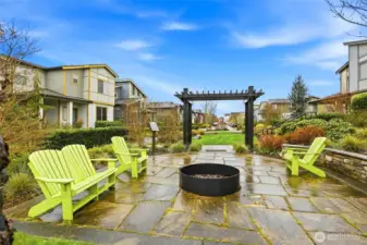 Outdoor community fire pit and seating area ideal for entertaining, gathering with neighbors, and enjoying PNW evenings.