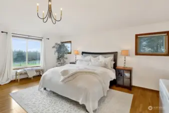 The primary bedroom on the upper floor is spacious and features double walk-in closets, a fireplace, and a large spa-like bathroom