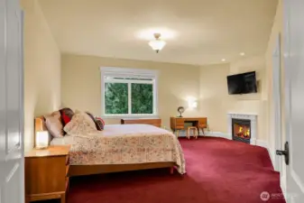 The main floor has 3 bedrooms.  This is the spacious primary suite with gas fireplace.