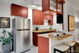 Despite it's size, this kitchen packs a punch with cabinet space.