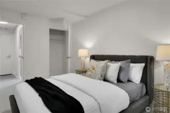 Generous closet spaces in the bedroom, hallway, and living room.