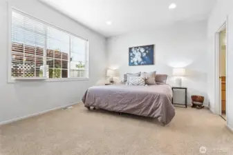 Spacious primary bedroom has updated bath suite and large walk-in closet.