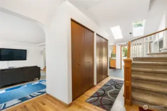 When you enter the home, living room to the left, kitchen area straight ahead, and bedrooms upstairs to the right.