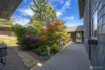 Walking toward the home's front entry door there is a lovely landscaped courtyard to the left.