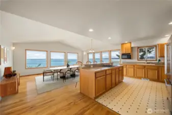 The views are outstanding from the open floor plan of the kitchen and the dining room.