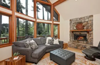 There is no lack of light in this home with the wall of windows and soaring ceiling. The substantial stone fireplace provides a central hearth to your home, a lovely place to gather with others or retreat with your avorite book.