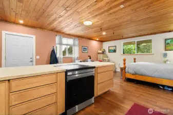 The ADU is a beauty! The woodwork, natural clay plaster and huge picture window make this a place to spend time. What would you do with this flexible separate unit?