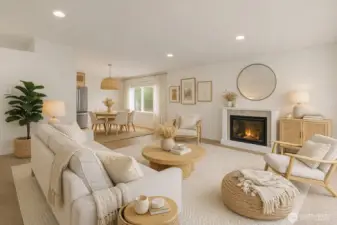Spacious living area with electric fireplace. (virtually staged)