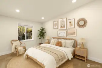 Spacious Primary Bedroom with vaulted ceilings (virtually staged)