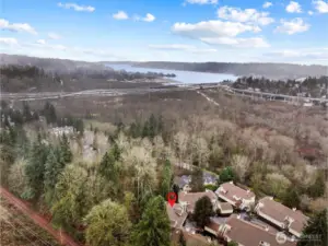 Aerial view of complex. Enjoy all of Mercer Slough Nature Park, Lake Washington Blvd, and easy access to 405, I-90, LR, and bus routes.