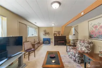 family room with wood stove