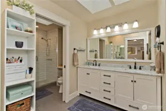 Primary bathroom featuring skylights and double sinks, and a walk in closet.