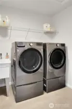 The laundry room is conveniently located in-between the bedrooms and has a large LG washer and a matching LG dryer.  The utility sink is useful for hand-washing clothes, treating stains, or cleaning up around the house.    Central network cabinet/ hub in the laundry room with Smurf tubes leading from the phone, ethernet and networking outlets in the home, making it easy to hard wire for high speed networking.