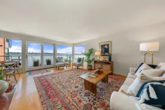 Living room with view of lake