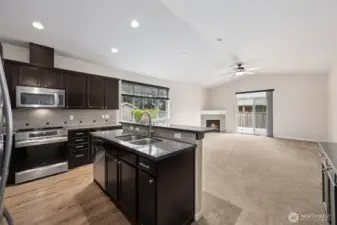 Kitchen open to great room with island seating