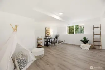 Lower flex space offers  many possibilities. Ideal for home office, guest area, workout room, media space, or playroom.