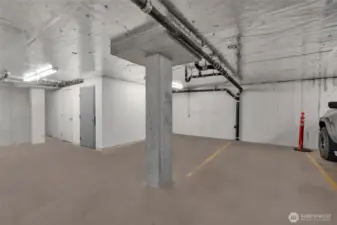 2 parking spots side by side, and the grey door on the left is your storage. All on 1st floor, as the unit. Very convenient!