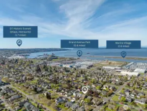 Southwest View: Southwest-facing aerial view highlighting the home's prime location—just minutes from Grand Avenue Park, the Everett waterfront, and downtown shops and restaurants. A perfect blend of historic charm and urban convenience!