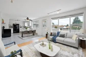 Open kitchen and dining space with additional family room.