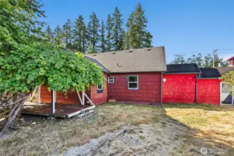 Back of house with large grape arbor.