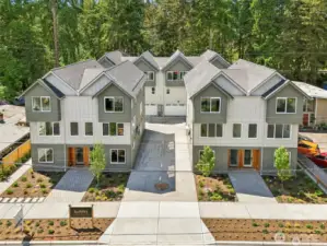 Street side units are 2 bedroom, 2.5 bath, 1318 square with 2 car EV garages. 1 rear unit left, 4 bedroom, 2.5 bath, 1830 square feet with 2 car EV ready garages