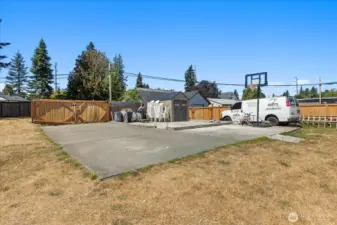 Standing in lot A (backyard of house #A) & looking towards lot C.  Lot C is about a 1/3 onto the concrete pad from lot A, so the gate will need to be adjusted if lot A isn't sold with lot C.