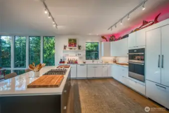 Custom kitchen with quartz counters and over counter lighting adaptable controls from your phone!