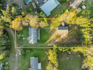 Birdseye View of House and garage and dimensions of Huge Lot