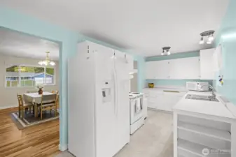 Kitchen and living room in the background