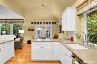 Remodeled kitchen. White, paneled cabinets. Plate rail in breakfast area. Grocery pantry with paneled Quaker door, ventilated wire shelving. Silestone® countertops, deep Limoges sink with English faucet, with west facing window and two-inch blinds, ISE® disposer. Silestone® breakfast bar. Counter-to-cabinet subway-tiled backsplash. KitchenAid® stainless French door refrigerator-freezer. KitchenAid® stainless dishwasher. KitchenAid® stainless duel-fuel gas range with electric oven. KitchenAid® stainless built-in microwave oven. Dramatic 12-foot-high coffered ceiling. Oak-hardwood floor. Breakfast nook. High, coffered ceiling with impressive Vaughan® English chandelier. Traditional plate rails. Divided-light French doors with French doors with high-quality customized storm door/screen door system, leading to private back yard backing to forested Nickel Creek Park, and extended aggregate patio.