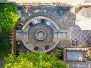 Drone view of firepit and patio area.