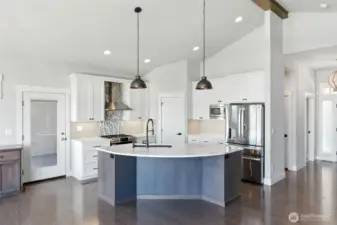 Living area and kitchen with breakfast bar