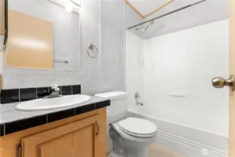 Guest bathroom has a tub.