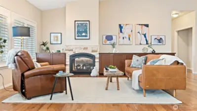 Open living with double sided fire place